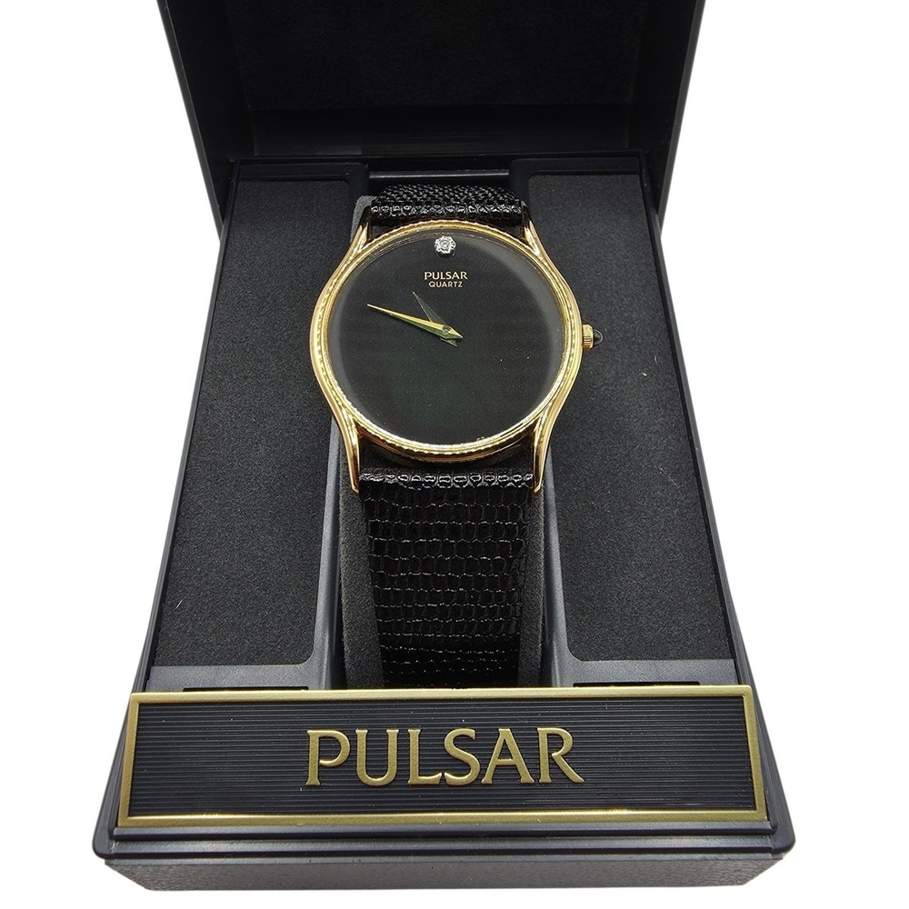 Vintage Pulsar Mens Watch Black Dial Gold Diamond Quartz PHC 146S Leather Japan